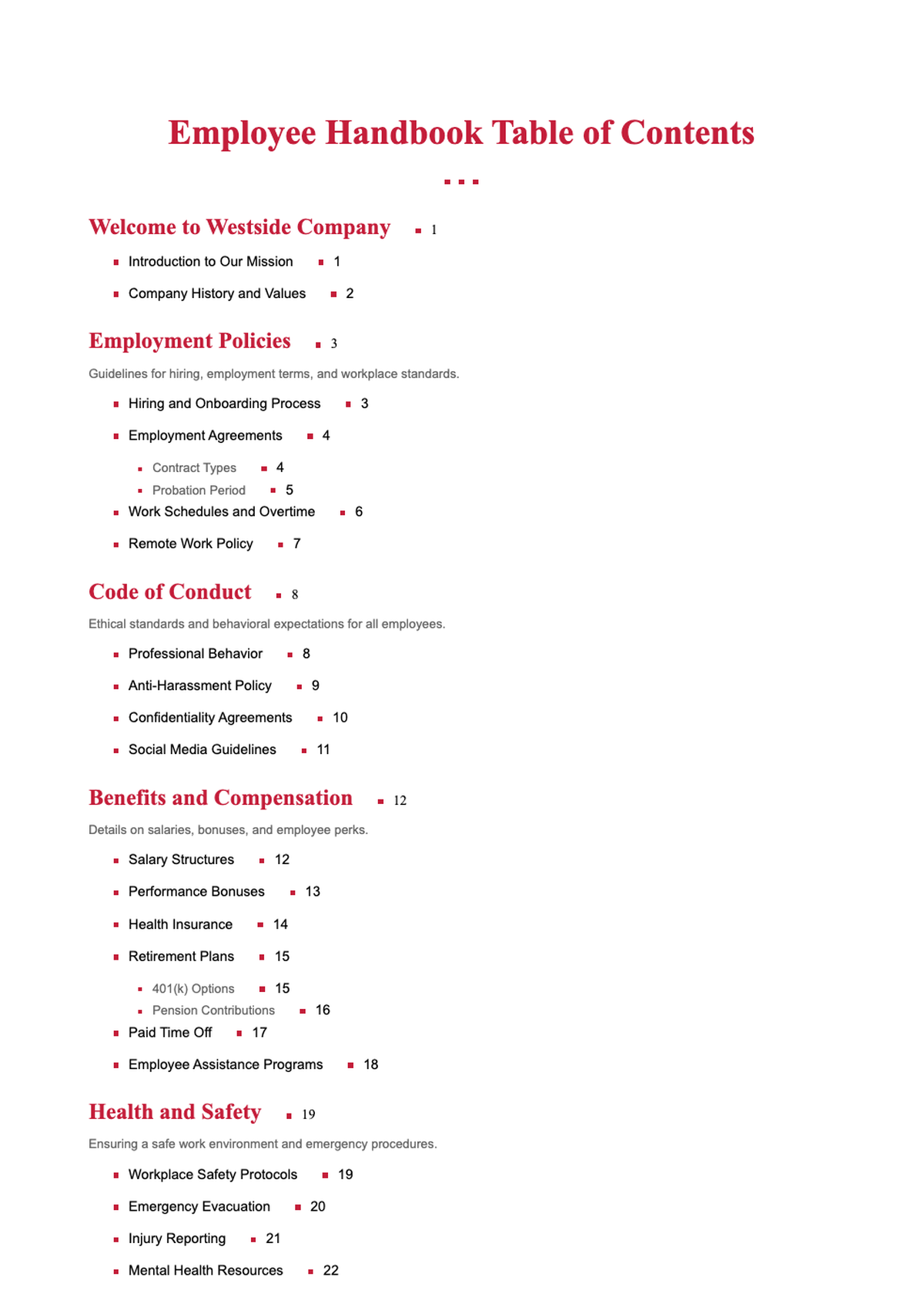 Westside Contracting Inc employee handbook table of contents with red accents and team illustrations_variant_3